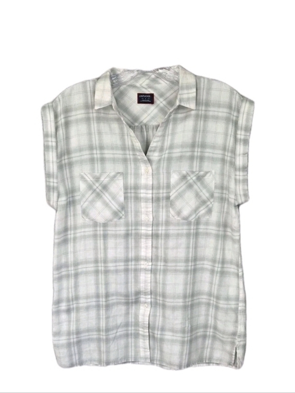 Untuckit Womens Villefranche Button Up Cap Sleeve Top Size 8 Gray/Ivory Plaid